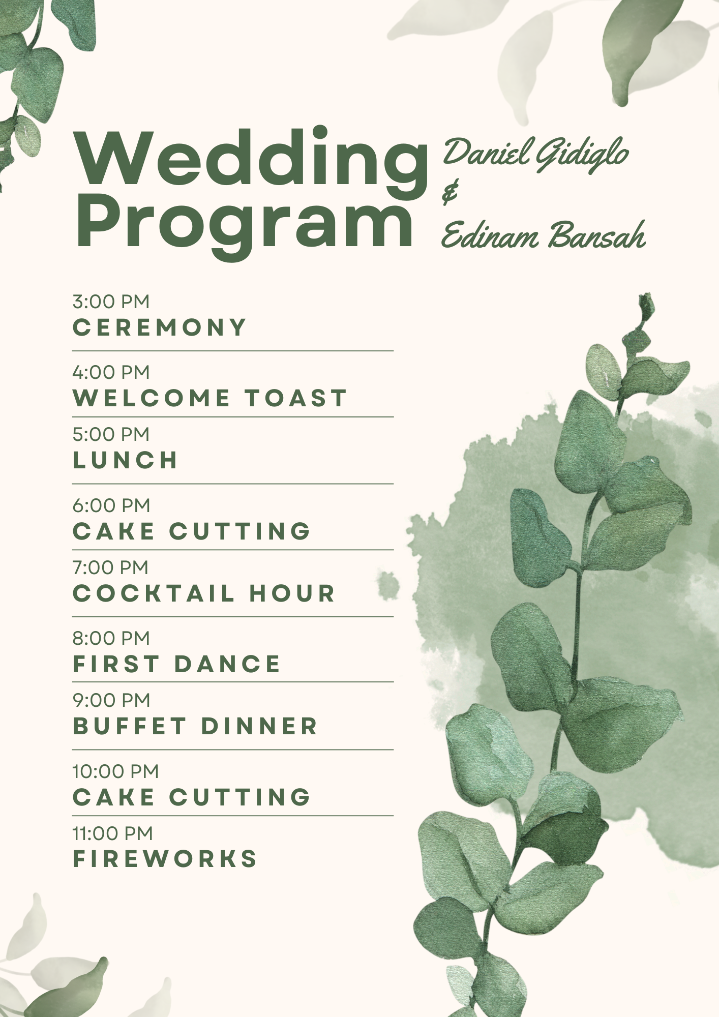 green and white minimalist wedding program